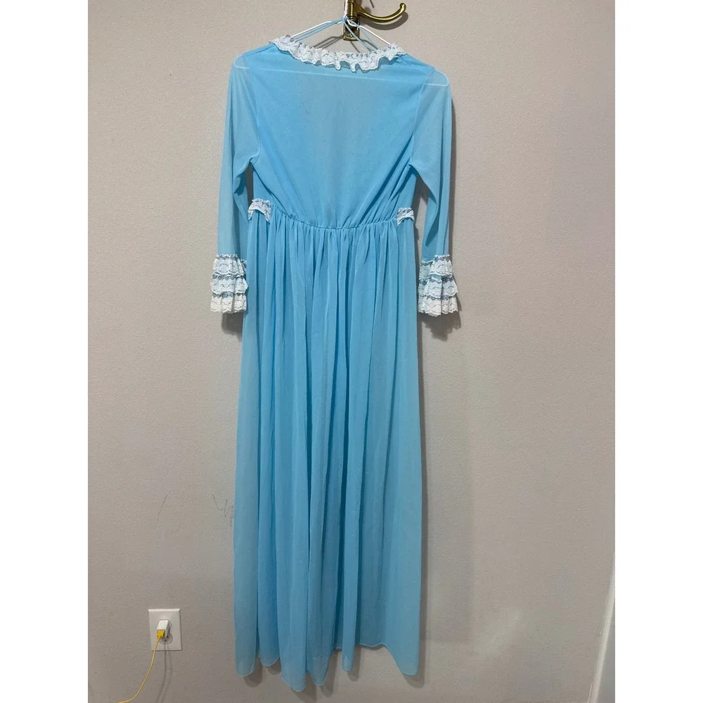 Vintage Peignoir Robe Women Medium Blue Lace Trim Ruffle Sheer Peignoir Full - Picture 3 of 8